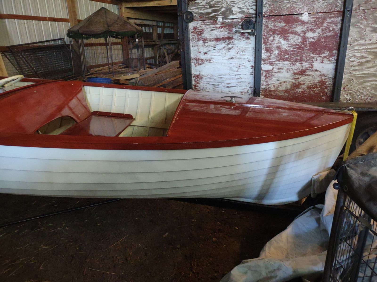 Wooden Skiff Boat Model with Johnson Outboard Motor and Gas Tank 